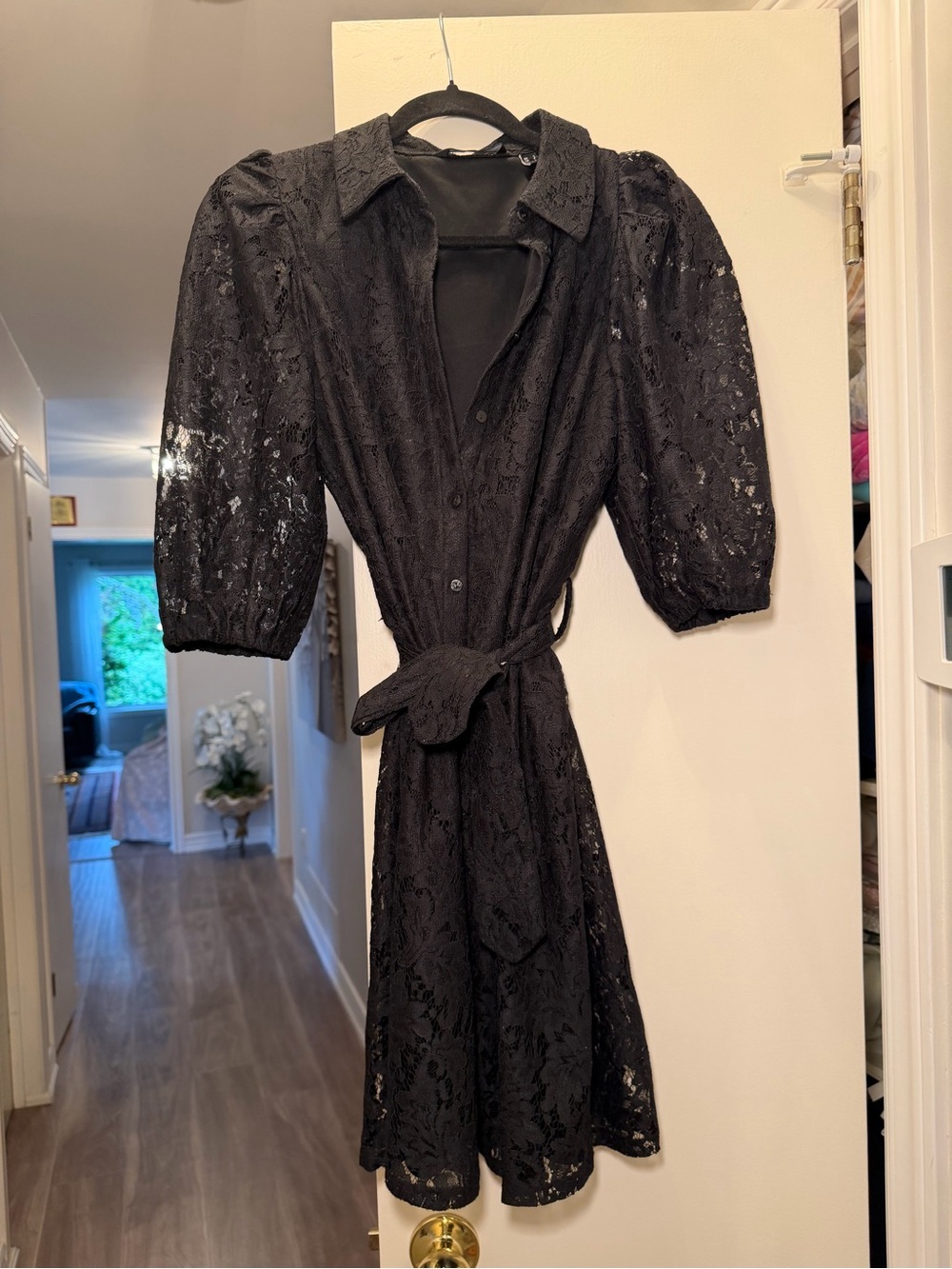 Vero Moda Black Lace Midi Dress with Puff Sleeves & Tie Waist